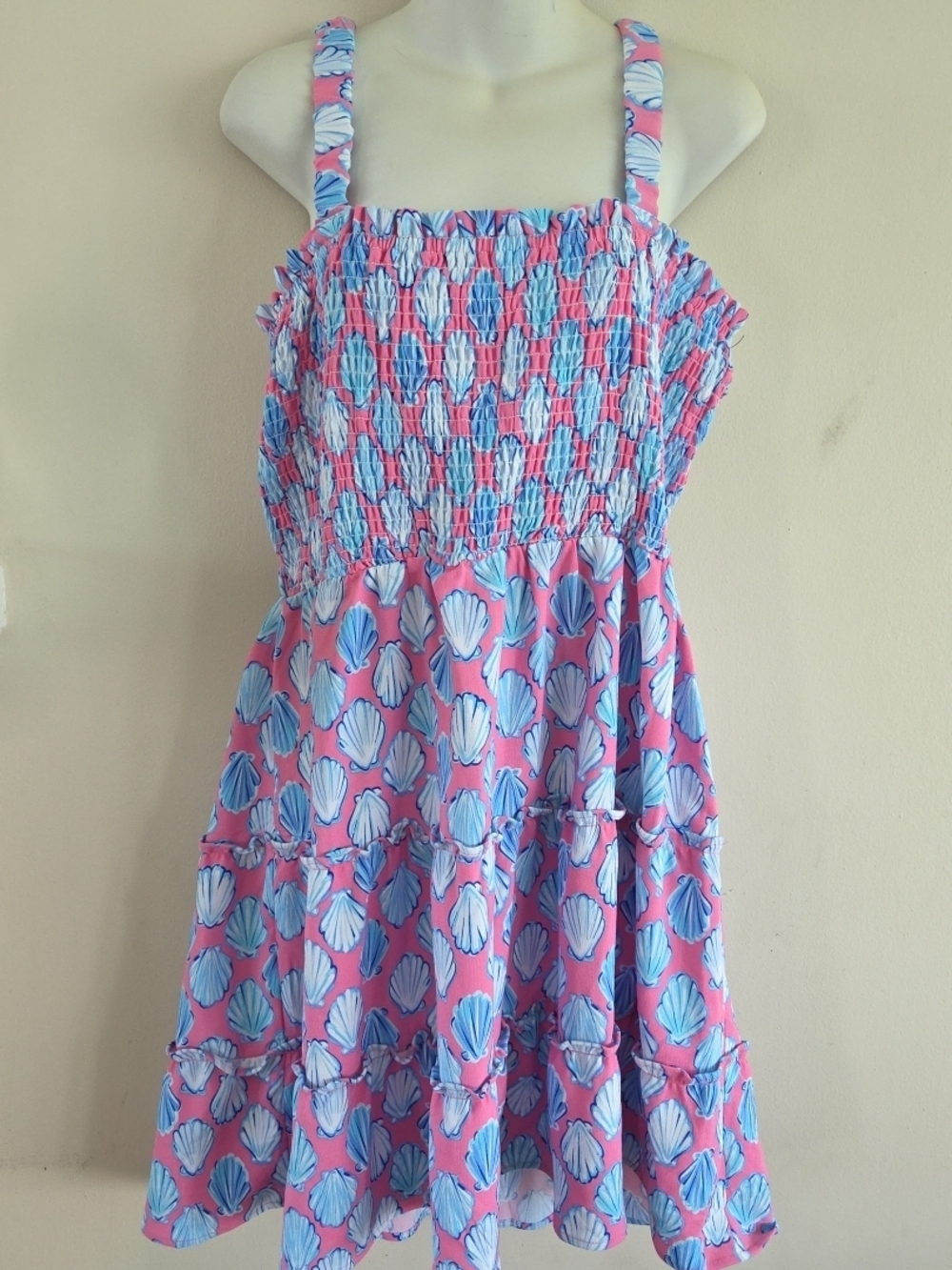 Simply Southern Pink and Blue Shell-Print Tiered Sundress XL NWT Tropical/ beach